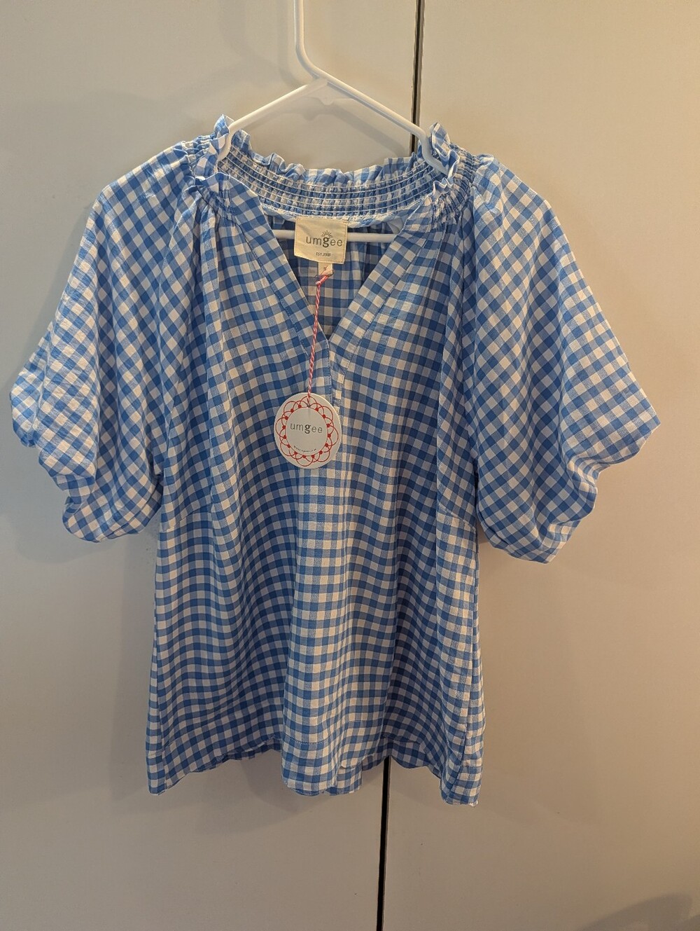 Umgee Light Blue & White Gingham Ruffle-Neck Puff Sleeve Blouse Woman's S NWT